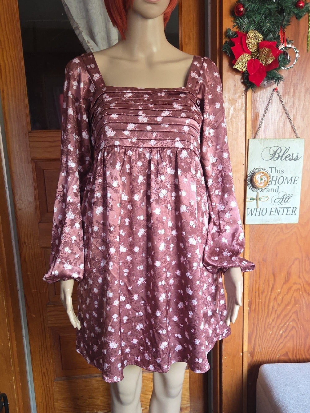 Crystal Doll Mauve Floral Square-Neck Mini Dress